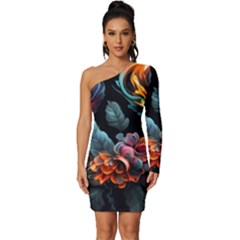 Flowers Flame Abstract Floral Long Sleeve One Shoulder Mini Dress