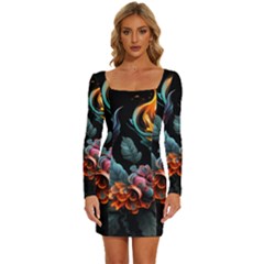 Flowers Flame Abstract Floral Long Sleeve Square Neck Bodycon Velour Dress