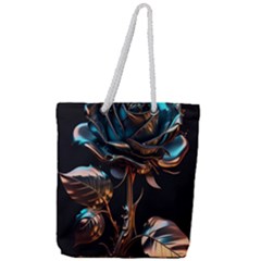 Gold Flower Rose Metal Rose Full Print Rope Handle Tote (large) by Ravend