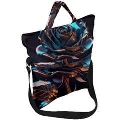 Gold Flower Rose Metal Rose Fold Over Handle Tote Bag by Ravend