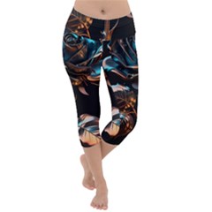 Gold Flower Rose Metal Rose Lightweight Velour Capri Yoga Leggings by Ravend