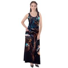 Gold Flower Rose Metal Rose Sleeveless Velour Maxi Dress by Ravend