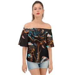 Gold Flower Rose Metal Rose Off Shoulder Short Sleeve Top by Ravend