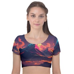 Mountain Sky Color Colorful Night Velvet Short Sleeve Crop Top  by Ravend