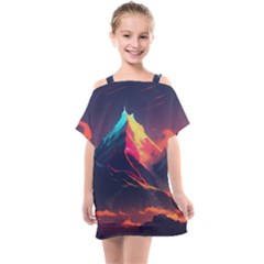 Mountain Sky Color Colorful Night Kids  One Piece Chiffon Dress by Ravend