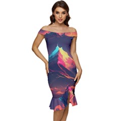 Mountain Sky Color Colorful Night Off Shoulder Ruffle Split Hem Bodycon Dress by Ravend