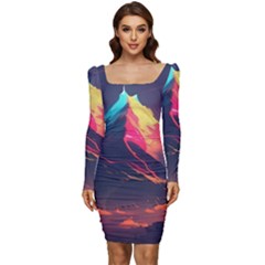 Mountain Sky Color Colorful Night Women Long Sleeve Ruched Stretch Jersey Dress by Ravend