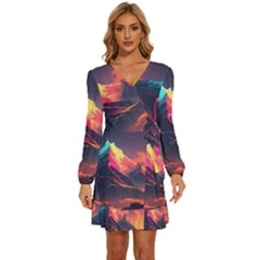 Mountain Sky Color Colorful Night Long Sleeve Waist Tie Ruffle Velour Dress by Ravend