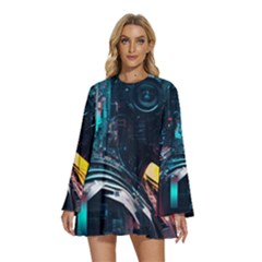 Who Sample Robot Prettyblood Round Neck Long Sleeve Bohemian Style Chiffon Mini Dress