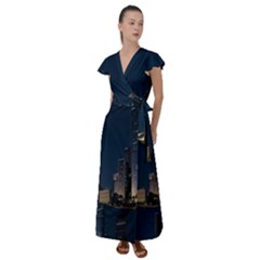 Skyline Brisbane Sunset Downtown Flutter Sleeve Maxi Dress by Ravend