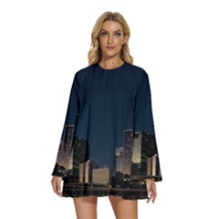 Skyline Brisbane Sunset Downtown Round Neck Long Sleeve Bohemian Style Chiffon Mini Dress