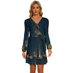 Skyline Brisbane Sunset Downtown Long Sleeve Waist Tie Ruffle Velour Dress by Ravend