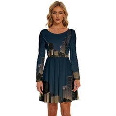 Skyline Brisbane Sunset Downtown Long Sleeve Wide Neck Velour Dress by Ravend