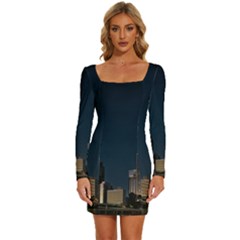 Skyline Brisbane Sunset Downtown Long Sleeve Square Neck Bodycon Velour Dress