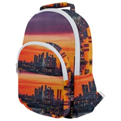 Downtown Skyline Sunset Buildings Rounded Multi Pocket Backpack by Ravend