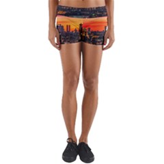 Downtown Skyline Sunset Buildings Yoga Shorts by Ravend