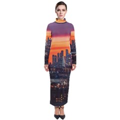 Downtown Skyline Sunset Buildings Turtleneck Maxi Dress by Ravend