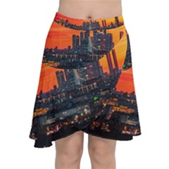 Downtown Skyline Sunset Buildings Chiffon Wrap Front Skirt by Ravend