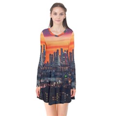 Downtown Skyline Sunset Buildings Long Sleeve V-neck Flare Dress by Ravend