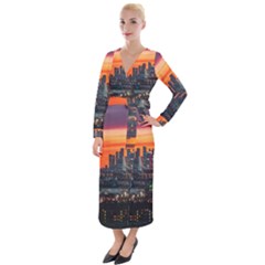 Downtown Skyline Sunset Buildings Velvet Maxi Wrap Dress by Ravend