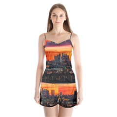 Downtown Skyline Sunset Buildings Satin Pajamas Set by Ravend