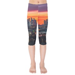 Downtown Skyline Sunset Buildings Kids  Capri Leggings  by Ravend