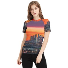 Downtown Skyline Sunset Buildings Women s Short Sleeve Rash Guard by Ravend