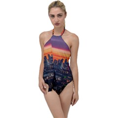 Downtown Skyline Sunset Buildings Go With The Flow One Piece Swimsuit by Ravend