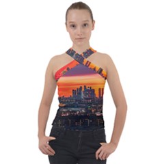 Downtown Skyline Sunset Buildings Cross Neck Velour Top by Ravend