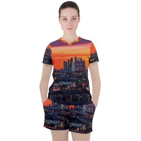 Downtown Skyline Sunset Buildings Women s Tee And Shorts Set by Ravend