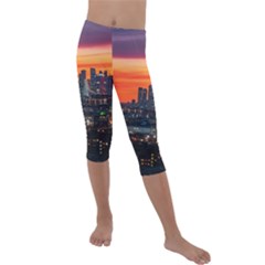 Downtown Skyline Sunset Buildings Kids  Lightweight Velour Capri Leggings  by Ravend