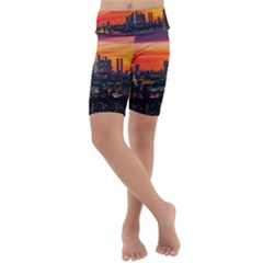 Downtown Skyline Sunset Buildings Kids  Lightweight Velour Cropped Yoga Leggings by Ravend