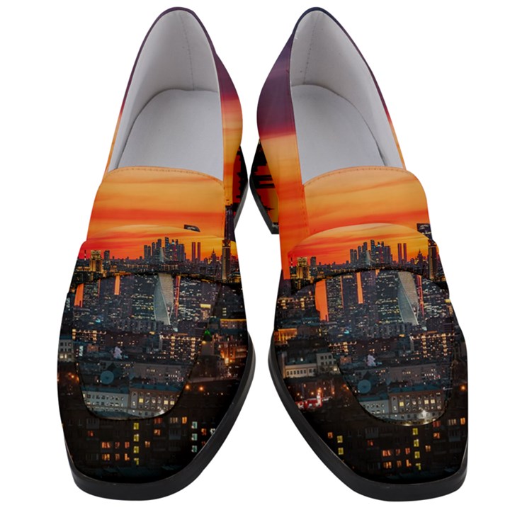 Downtown Skyline Sunset Buildings Women s Chunky Heel Loafers