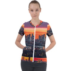 Downtown Skyline Sunset Buildings Short Sleeve Zip Up Jacket by Ravend