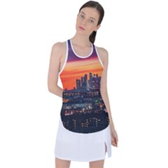 Downtown Skyline Sunset Buildings Racer Back Mesh Tank Top by Ravend