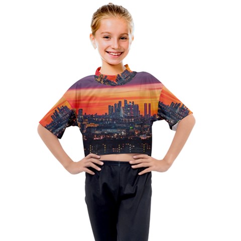 Downtown Skyline Sunset Buildings Kids Mock Neck Tee by Ravend