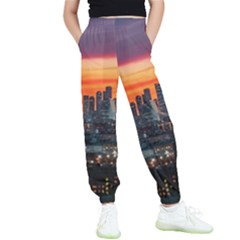 Downtown Skyline Sunset Buildings Kids  Elastic Waist Pants by Ravend