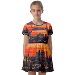 Downtown Skyline Sunset Buildings Kids  Short Sleeve Pinafore Style Dress by Ravend