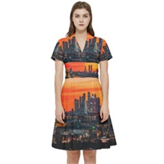 Downtown Skyline Sunset Buildings Short Sleeve Waist Detail Dress by Ravend