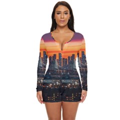 Downtown Skyline Sunset Buildings Long Sleeve Boyleg Swimsuit by Ravend