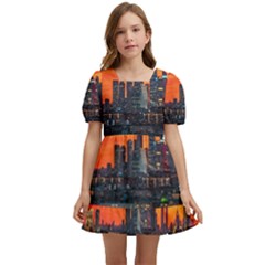 Downtown Skyline Sunset Buildings Kids  Short Sleeve Dolly Dress by Ravend