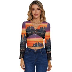 Downtown Skyline Sunset Buildings Long Sleeve V-neck Top