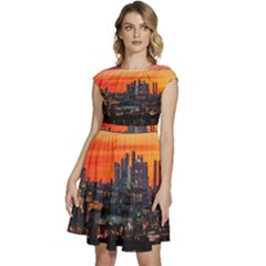 Downtown Skyline Sunset Buildings Cap Sleeve High Waist Dress by Ravend