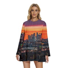 Downtown Skyline Sunset Buildings Round Neck Long Sleeve Bohemian Style Chiffon Mini Dress