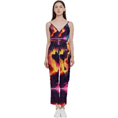 Mountain Color Colorful Love Art V-neck Spaghetti Strap Tie Front Jumpsuit by Ravend