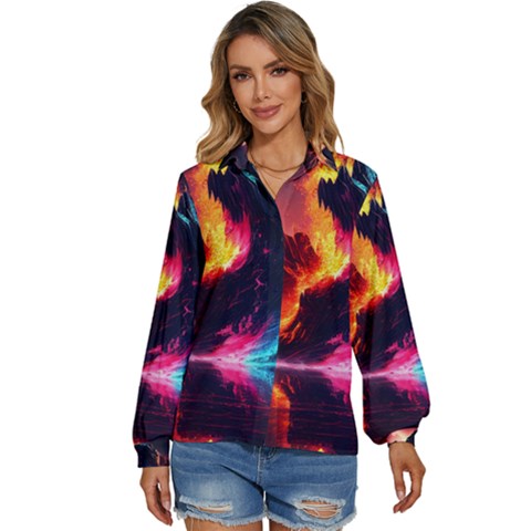 Mountain Color Colorful Love Art Women s Long Sleeve Button Down Shirt by Ravend