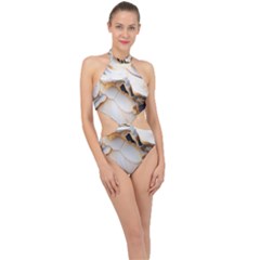 Marble Stone Abstract Gold White Halter Side Cut Swimsuit by Ravend