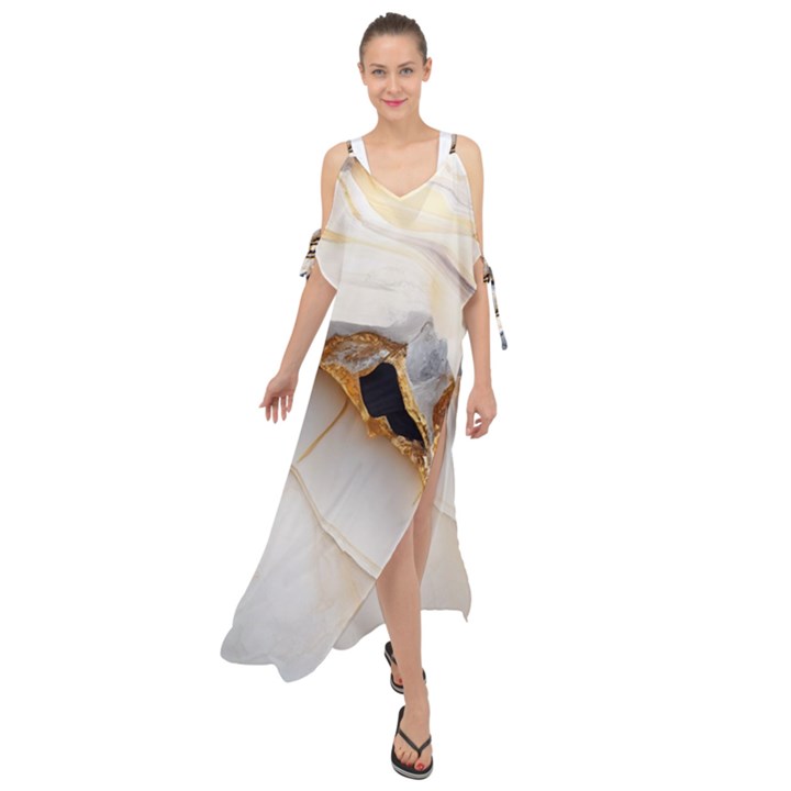 Marble Stone Abstract Gold White Maxi Chiffon Cover Up Dress