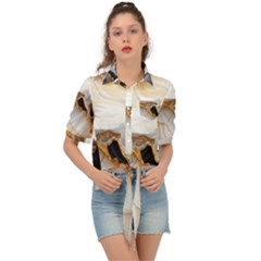 Marble Stone Abstract Gold White Tie Front Shirt  by Ravend