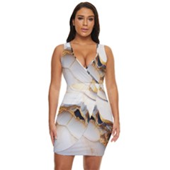 Marble Stone Abstract Gold White Draped Bodycon Dress by Ravend